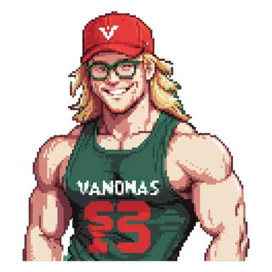 Man with black and white cap that says VANOMAS, bare muscular torso, red shorts, clear glasses, messy blond mullet hairstyle, flexing muscles and smiling sticker