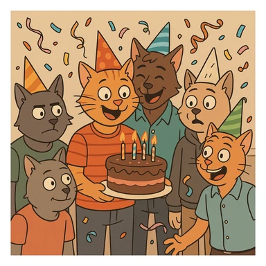 six male cats at a birthday party, confetti, streamers, each cat with a different expression, fun and lively, cartoon style sticker
