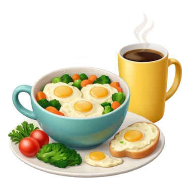 eggs with veggies and one coffee in cute mug on the side sticker