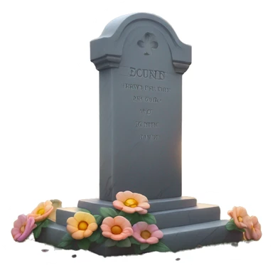 Create an emoji of a glowing headstone with ‘RIP’ engraved, a single flower at its base, and a serene sunset in the background. The mood should be peaceful and respectful, using soft colors to symbolize remembrance sticker