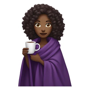 A black woman with dark brown eyes and long curly hair  with a purple blanket wrapped over her shoulders, holding a purple mug of coffee sticker