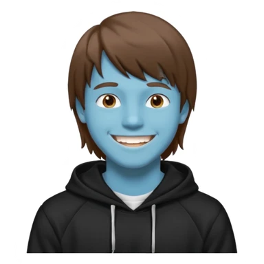 20 yr old man, brown hair, straight, big smile, white teeth, tanned skin, bangs, black hooded sweatshirt, long hair in back, center-parted bangs sticker