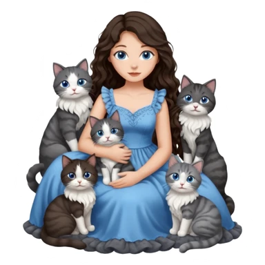 detailed realistic looking a dark grey and white cat regally sitting with six other cats, cuddling with their owner who is a pretty bratz lightly tanned white girl with long dark brown hair, blue eyes and gorgeous long wavy hair wearing a pretty detailed dress sticker