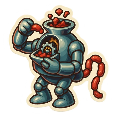hovering robot. stuffs material into large hole on its top with arms. hole is where neck and head would be. spinning gears and blades  grind red chunks. sausage links come our of hole on backside.  3/4 view. between realism and cartoon. well lit. no dramatic lighting. metallic robot. works diligently. dark humor sticker