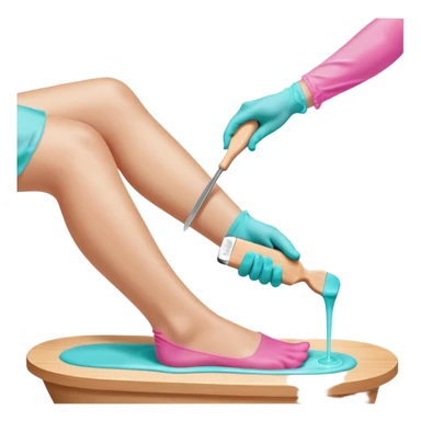 Close-up professional beauty photo of a smooth white leg during a waxing procedure, a second person’s hand wearing a turquoise nitrile glove spreading warm pink depilatory wax along the leg with a wooden spatula sticker