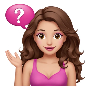 girl with long wavy brown hair, brown eyes, long lashes makeup, sexy pink lips, light to medium complexion, wearing a pink sexy top, shugging, smiling, question mark one speech bubble sticker