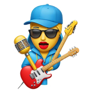 Create a dynamic and fun emoji that represents beatboxing. The design should feature a microphone with a cap placed on top, with large lips peeking out from underneath. From the lips, bass clefs and various musical instruments (like a guitar, drumstick, and keyboard) should be flying out, symbolizing the diversity and rhythm of beatboxing. Use vibrant colors like neon blue, red, and yellow to convey the energy and creativity of this vocal art form. The background should be transparent. sticker