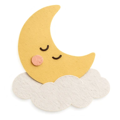 cute sleepy yellow moon resting on a white cloud pillow, no limbs, full body, soft pastel colors, paper craft style sticker
