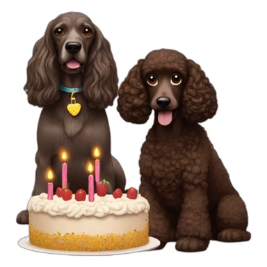 Snoop dog with a dark brown poodle dog. He has a birthday cake sticker