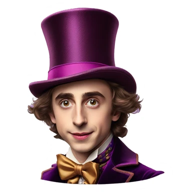 older Timothée Chalamet as Willy Wonka, high cheek bones, large face, hat sticker