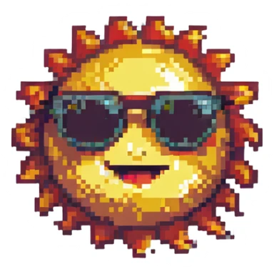 a smiling sun with sunglasses pixel art style sticker