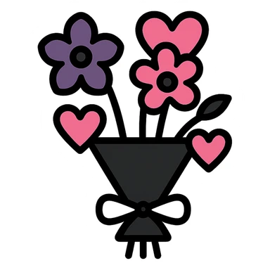 gothic bouquet, modern, clean lines, minimalistic, with heart accents, black, pink, and purple sticker