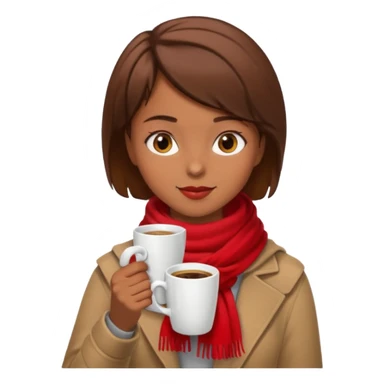 a girl with brown short hair, having red scarf, drink coffee, enjoy sticker