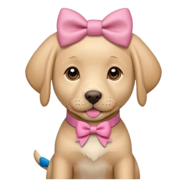 Labrador puppy wearing a pink bow on its head and collar sticker
