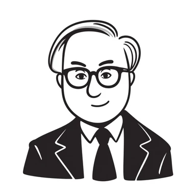 hand-drawn doodle style portrait of Warren Buffett, glasses, suit sticker