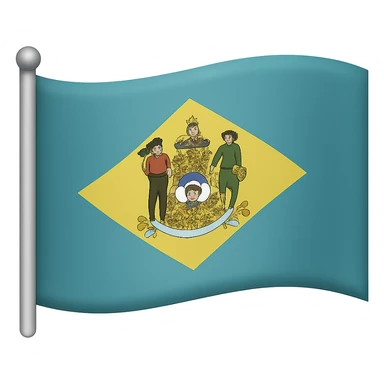 Add a waving flag effect to the simplified Delaware flag with recognizable emblem, in the style of emoji (apple style emojis). The flag should have no background. sticker