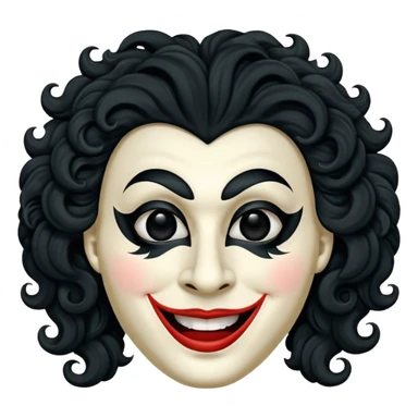 generate theatre mask emoji with a big curly black hair 

wide black smile, long and pointy white nose, pitch black eyes sticker