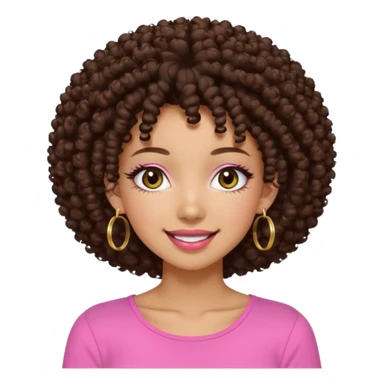 Naturally tan skin girl short darkBrown curly afropink shirt very long lashes hoop gold earrings Brown eyes gyaru smiling closed mouth cute sticker
