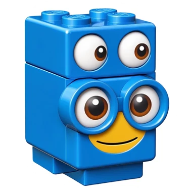 A bright blue Lego building block with big eyes and a happy expression sticker