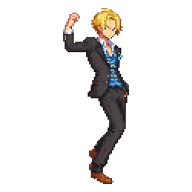 Sanji from One Piece, pixel art style, curly eyebrow, blond hair, black suit, side view, kicking pose sticker