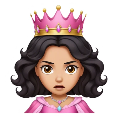 Very tanned princess, with long black wavy hair and a crown, a pink princess Outfit But angry sticker