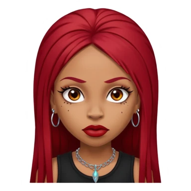 light-skinned black girl with very long eyelashes with long strait dark red hair with edges wearing a black top with no sleeves. and a red accessory on her head with nose and mouth piercings and is a baddie and looks like a bad girl. sticker