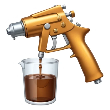 metal spray gun with clear sealed cup with brown liquid attached sticker