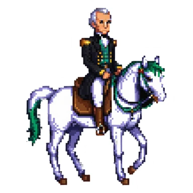 James K. Polk on horseback, election victory theme, dark horse, pixel art style sticker