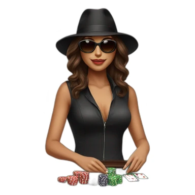 female with dark sunglasses brown wavy hair playing poker with a poker dealer hat sticker