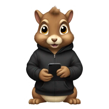 Realistic fluffy Squirrel in black hoodie holding an iPhone  sticker