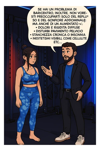 TRASFORMA QUESTO CAROSELLO IN UN FUMETTO STILE WEBTOON/MANGA A COLORI CON QUESTE DUE PERSONE IDENTICHE CHE INTERLOQUISCONO TRA LORO, L'uomo sta spiegando alla donna questo concetto:

Se hai un problema di baricentro, inoltre, non dovresti preoccuparti solo del reflusso e del gonfiore addominale, ma anche di un aumentato rischio di:
    • dolori e rigidità diffuse
    • disturbi pavimento pelvico
    • stanchezza cronica o insonnia
    • inestetismi visibili, come celluluite
    • etc… sticker