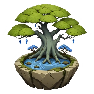 Bare haunted Alien landscape mudman very old broken cracked intricate Stone Age rocky-crusted irregular dodecagon-shaped shallow dark moss rough bark blue weeping willow flowered maple tree bonsai pot sticker