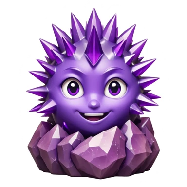 One spiky amethyst crystal rock character, short thick base covered in tall purple crystal spikes like a quartz cluster, faceted and sharp, adorable round face carved into the front of the base with big glossy eyes and a smile, 3D render, high detail, isolated on dark background.” sticker