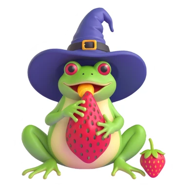 a frog wearing a witch hat and eating a strawberry, 3D emoji style sticker