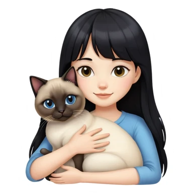 A girl with long black hair and bangs happily hugs a Siamese cat sticker