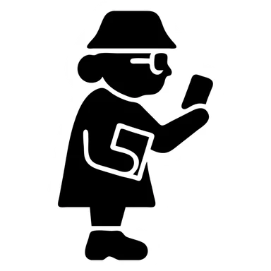 Gen Z librarian granny with bucket hat, chunky sneakers, glasses, holding a phone and a book, solid icon sticker