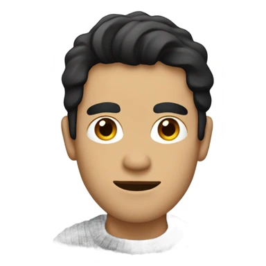 a man with black hair and a sweater with a paper clip diagonally across it. sticker