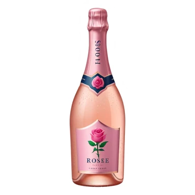 bottle of sparkling rosé with a rose logo on the label, angled to the left, no glass sticker