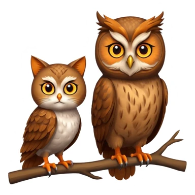 Owl on a branch with a cat's head sticker