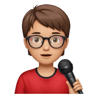 singer, Old, brown short hair, holding mic, red shirt glasses sticker