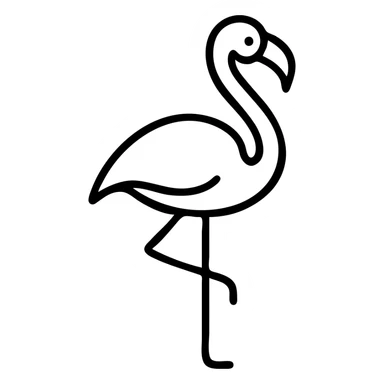 A flamingo with a long slender neck, standing on one thin leg with the other leg tucked up. The bird has a characteristic curved beak and elegant posture. sticker