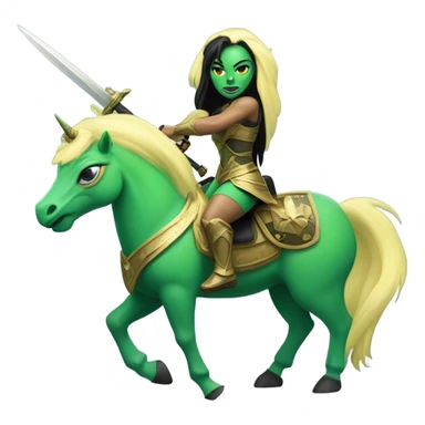 English

a green amazon alien woman on a light yellow unicorn with black mane holding a sword and shield sticker