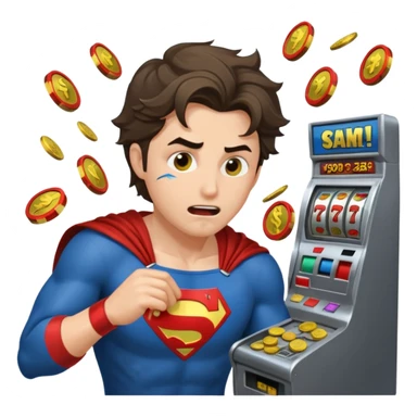disheveled super hero losing money at a slot machine, panicked face, coins flying sticker