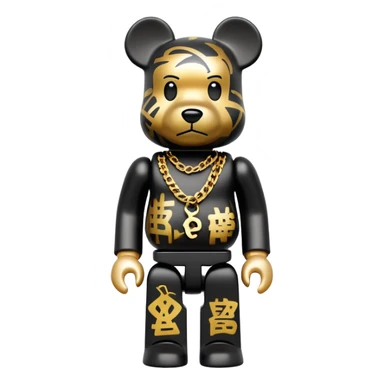 hustler bearbrick toy figure with graffiti print, X symbols instead of eyes, gold chain and money sticker