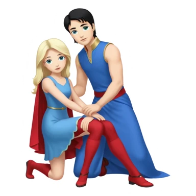 prince, upright, black Hair, blue eyes, blue garment,  Woman, blonde Hair, Green eyes, bending knee, sleveless White Dress, sticker