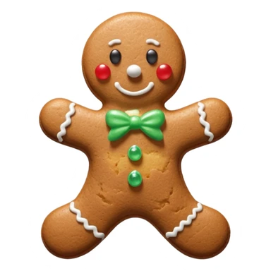 3D render of Gingerbread Man, made entirely of dessert materials, glistening sugar crystal texture, baked brown cookie texture with white icing details, delicious confectionery aesthetic, Apple emoji style, isolated on white background --v 6.0. sticker