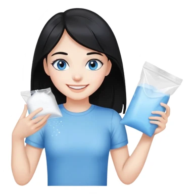 Black hair blue eye Girl smiling holding a clear plastic bag with white powder sticker