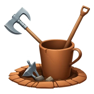 An icon featuring a shovel, pickaxe, and an ancient artifact like a broken pot, symbolizing the essentials of archaeology. The design focuses on the tools of excavation and discovery, recognizable look. Transparent background. sticker