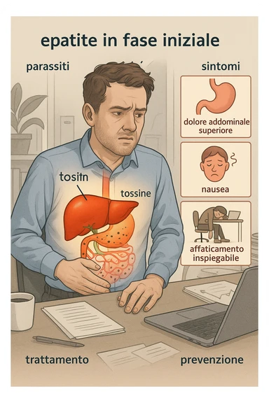 Man sitting at office desk experiencing subtle symptoms of liver dysfunction, upper abdominal pain, nausea, and unexplained fatigue Parasites: Types, Symptoms, Treatment & Prevention, expression of confusion about vague health issues, liver shown in transparent overlay with early inflammation, toxins beginning to accumulate in bloodstream, productivity declining as liver struggles to filter properly in italiano sticker