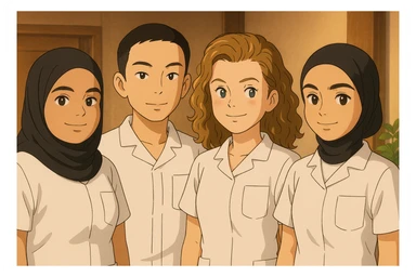 Four nursing students standing side by side, resembling the four people in the reference photos, in Ghibli style. They wear white medical uniforms with short sleeves, no collar, no undershirt, and no stethoscope. The tops are medical tunics with V-neck collars and a left chest pocket. Warm indoor ambiance. sticker